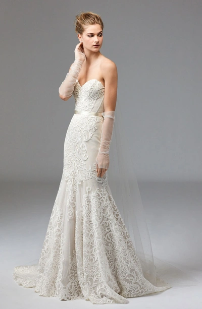 Shop Watters Alice Embroidered Strapless Mermaid Wedding Dress In Ivory/champagne/vanilla Bean