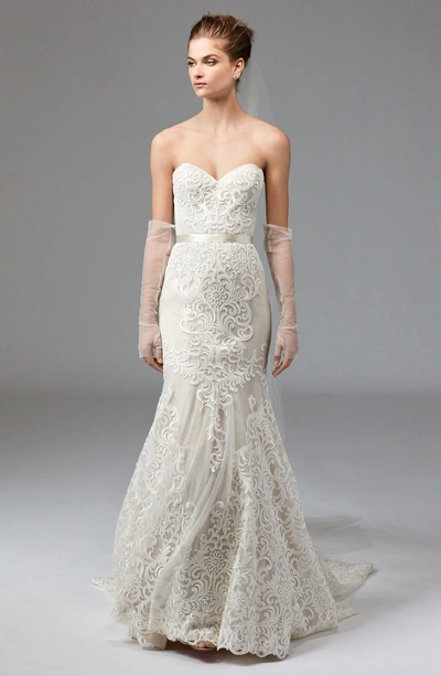 Shop Watters Alice Embroidered Strapless Mermaid Wedding Dress In Ivory/champagne/vanilla Bean