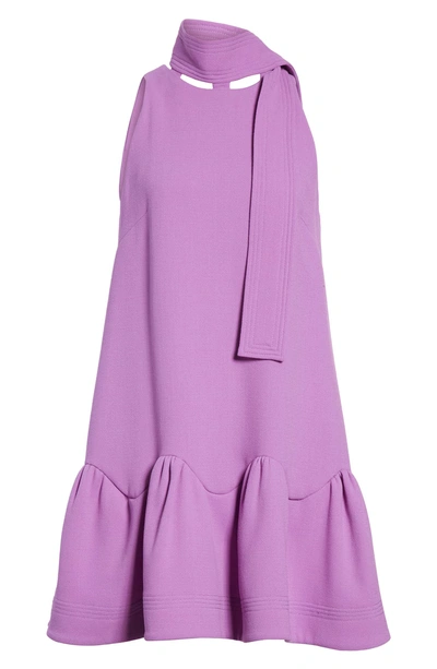 Shop Lela Rose Scarf Neck Wool Blend Crepe Drop Waist Dress In Lavender