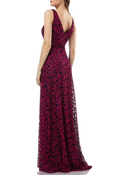 Shop Carmen Marc Valvo Infusion Embellished Lace Gown In Black/ Fuchsia