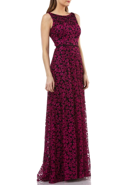 Shop Carmen Marc Valvo Infusion Embellished Lace Gown In Black/ Fuchsia