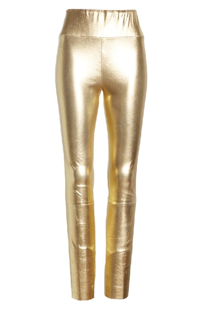 Shop Sprwmn High Waist Leather Ankle Leggings In Gold