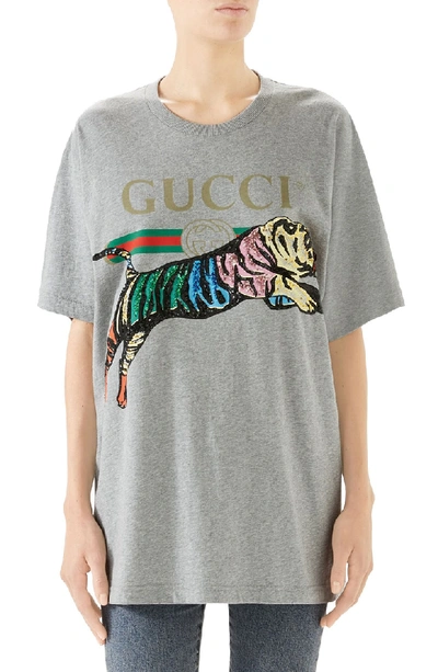 Shop Gucci Sequin Tiger Logo Tee In 1230 Grey Melange/ Mc