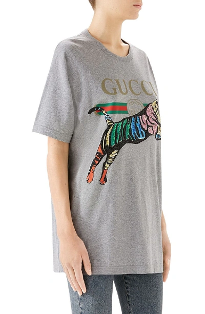 Shop Gucci Sequin Tiger Logo Tee In 1230 Grey Melange/ Mc