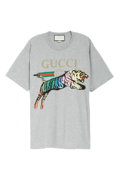 Shop Gucci Sequin Tiger Logo Tee In 1230 Grey Melange/ Mc