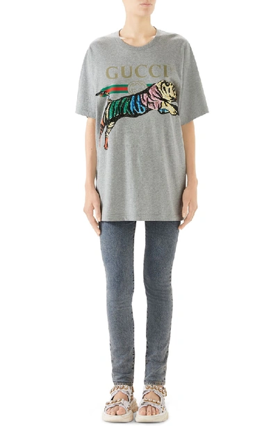 Shop Gucci Sequin Tiger Logo Tee In 1230 Grey Melange/ Mc