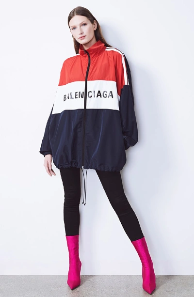 Shop Balenciaga Logo Colorblock Windbreaker Jacket In Poppy/ Navy/ Ivory