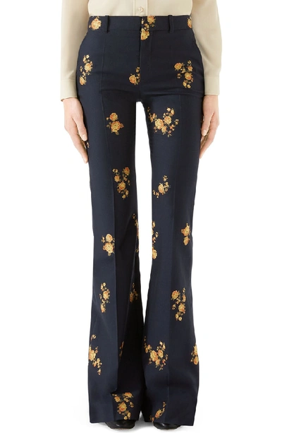 Shop Gucci Camellia Fil Coupe Cotton & Wool Flare Pants In 4580 Ink/ Yellow