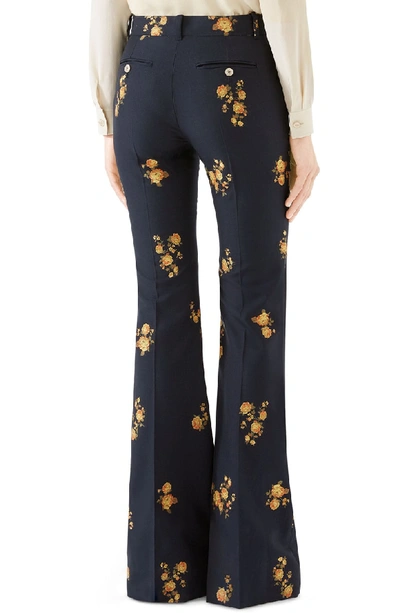 Shop Gucci Camellia Fil Coupe Cotton & Wool Flare Pants In 4580 Ink/ Yellow