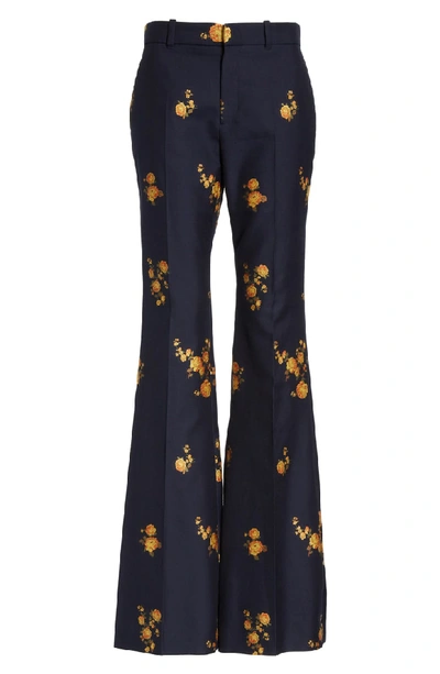 Shop Gucci Camellia Fil Coupe Cotton & Wool Flare Pants In 4580 Ink/ Yellow