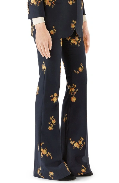 Shop Gucci Camellia Fil Coupe Cotton & Wool Flare Pants In 4580 Ink/ Yellow