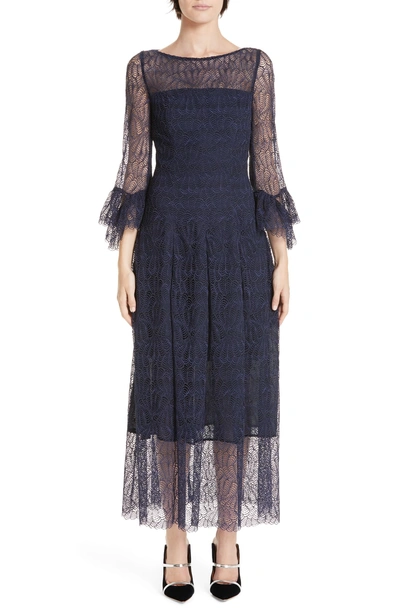 Shop Talbot Runhof Allium Lace Bell Sleeve Tea Length Dress In Royal Navy