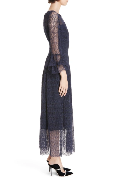 Shop Talbot Runhof Allium Lace Bell Sleeve Tea Length Dress In Royal Navy