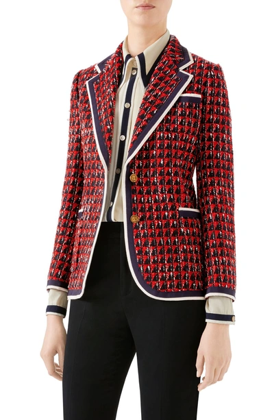 Shop Gucci Geo Tweed Jacket In 1880 Black/ Red/ White