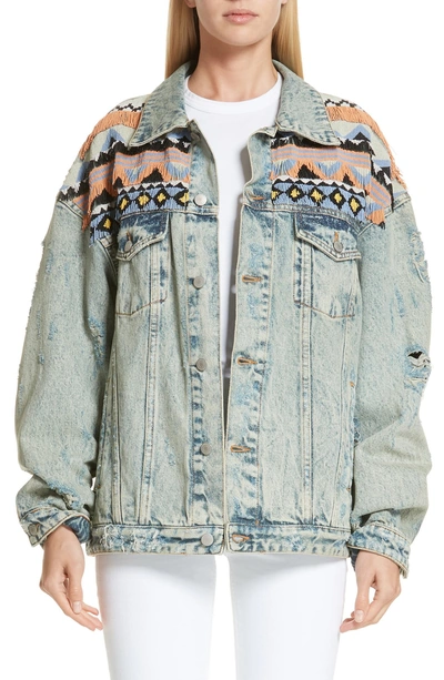 Shop Alchemist Indiana Beaded Fringe Denim Jacket In Sage