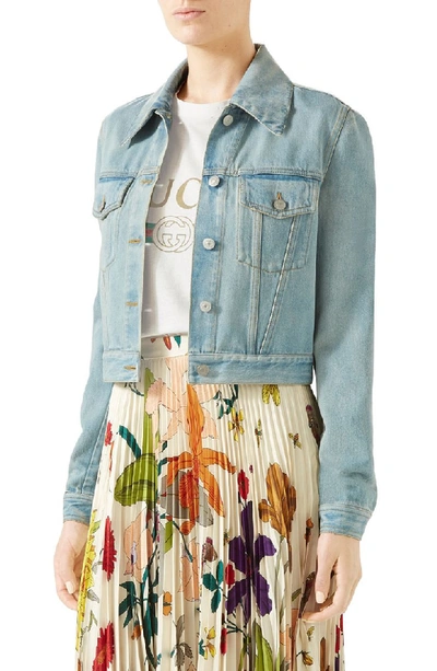 Shop Gucci Cheetah Patch Denim Jacket In 4493 Light Blue/ Multicolo