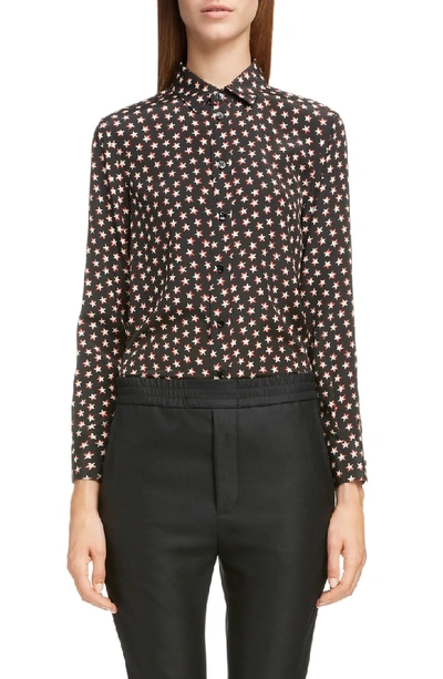 Shop Saint Laurent Star Print Silk Shirt In Noir Rouge Craie