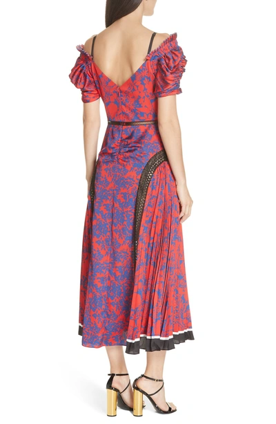 Shop Self-portrait Ruched & Pleated Floral Print Midi Dress In Blue-red