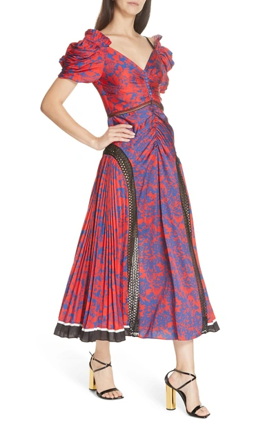 Shop Self-portrait Ruched & Pleated Floral Print Midi Dress In Blue-red