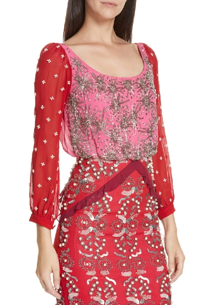 Shop Saloni Isa Beaded Colorblock Silk Midi Dress In Pink/ Cherry