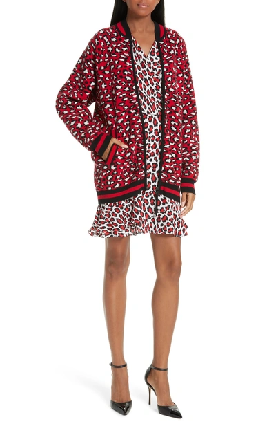 Shop Robert Rodriguez Constance Leopard Print Wool & Cashmere Blend Zip-up Sweater In Red/ White/ Black