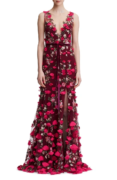 Shop Marchesa Notte Floral Embroidered Trumpet Gown In Wine