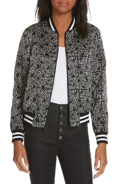 Keith Haring X Alice + Olivia Lonnie Graphic Reversible Silk Bomber Jacket  In Dancing Man Cherry Multi