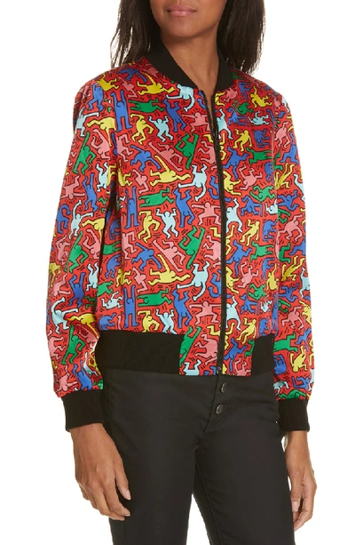 Shop Alice And Olivia X Keith Haring Lonnie Reversible Bomber Jacket In Dancing Man Cherry/ Multi