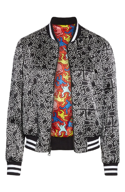 Shop Alice And Olivia X Keith Haring Lonnie Reversible Bomber Jacket In Dancing Man Cherry/ Multi