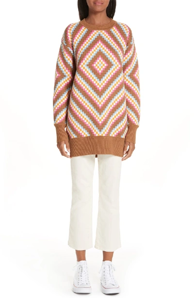 Shop Victor Glemaud Diamond Patterned Sweater In Sand And Pink Combo