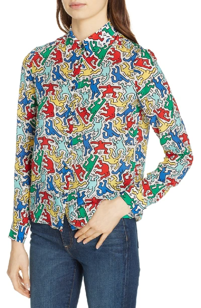 Shop Alice And Olivia X Keith Haring Eloise Silk Blouse In Dancing Man Soft White/ Multi