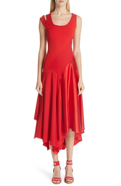 Shop Monse Asymmetrical Mixed Media Midi Dress In Red
