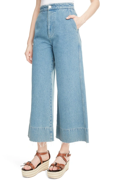 Shop Loewe Crop Wide Leg Jeans In Indigo