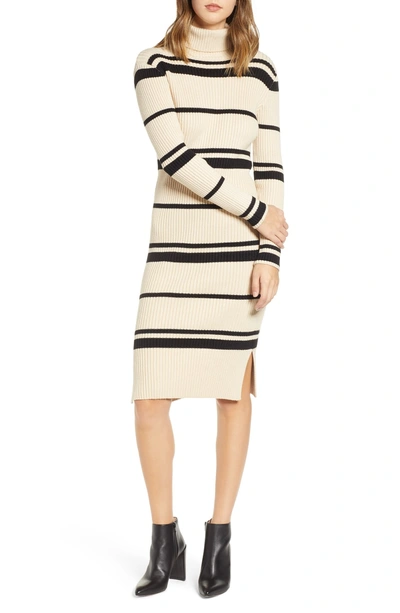Shop Joa Stripe Turtleneck Dress In Cream/ Black