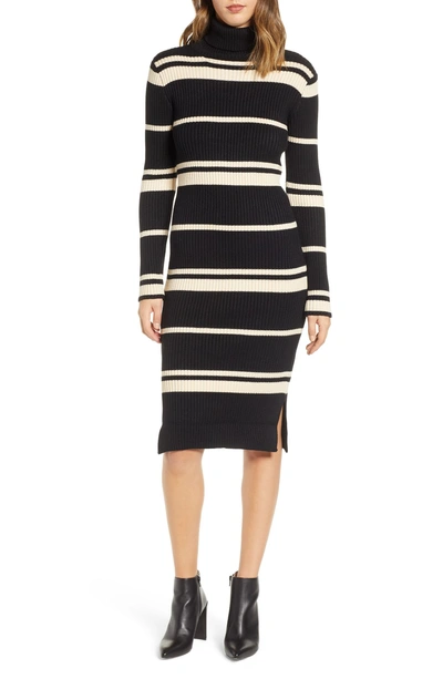 Shop Joa Stripe Turtleneck Dress In Black/ Cream