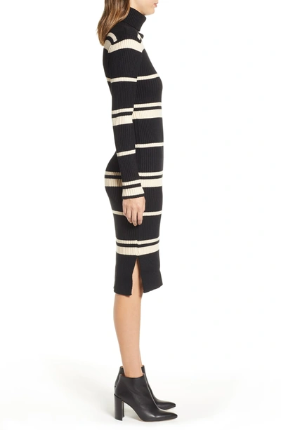 Shop Joa Stripe Turtleneck Dress In Black/ Cream