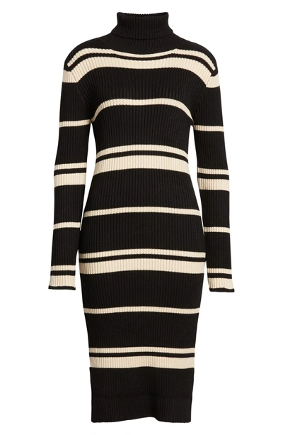 Shop Joa Stripe Turtleneck Dress In Black/ Cream