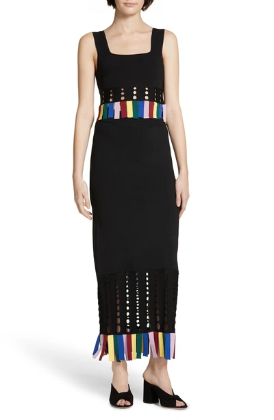 Shop Staud Garage Rainbow Fringe Maxi Skirt In Black/ Rainbow