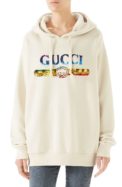 Shop Gucci Sequin Logo Oversize Cotton Hoodie In 9480 Natural/ Purple/ Mc