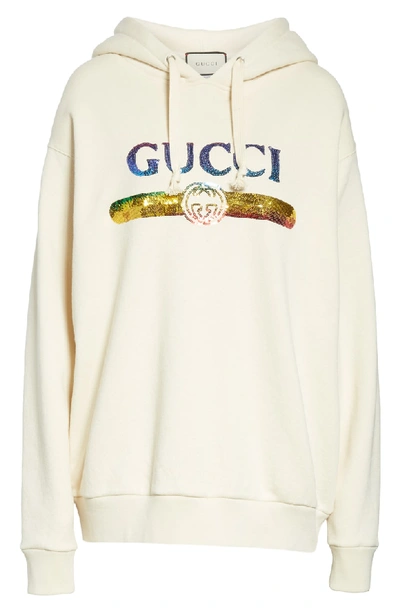 Shop Gucci Sequin Logo Oversize Cotton Hoodie In 9480 Natural/ Purple/ Mc