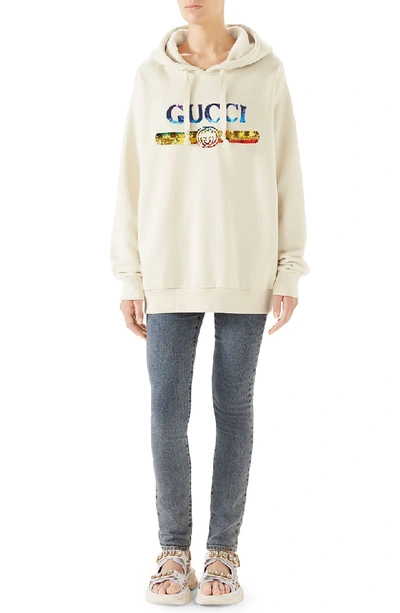 Shop Gucci Sequin Logo Oversize Cotton Hoodie In 9480 Natural/ Purple/ Mc