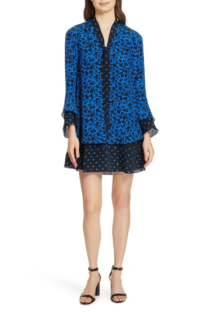 Shop Alice And Olivia Wellesly Tie Neck Bell Sleeve Dress In Ditsy Daffodil Cobalt/ Black