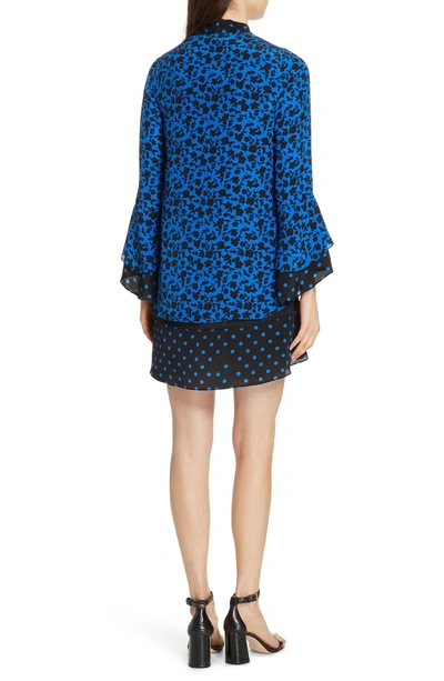 Shop Alice And Olivia Wellesly Tie Neck Bell Sleeve Dress In Ditsy Daffodil Cobalt/ Black