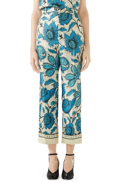 Shop Gucci Watercolor Floral Print Silk Twill Pants In 4558 Blue/ Ivory Printed