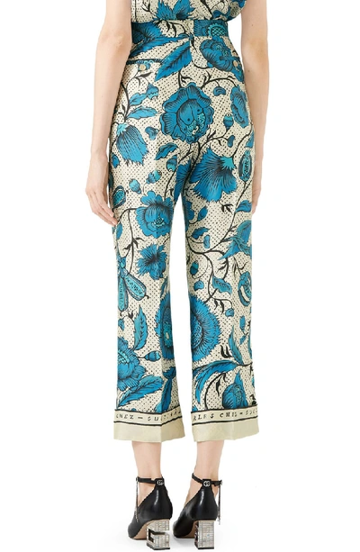 Shop Gucci Watercolor Floral Print Silk Twill Pants In 4558 Blue/ Ivory Printed