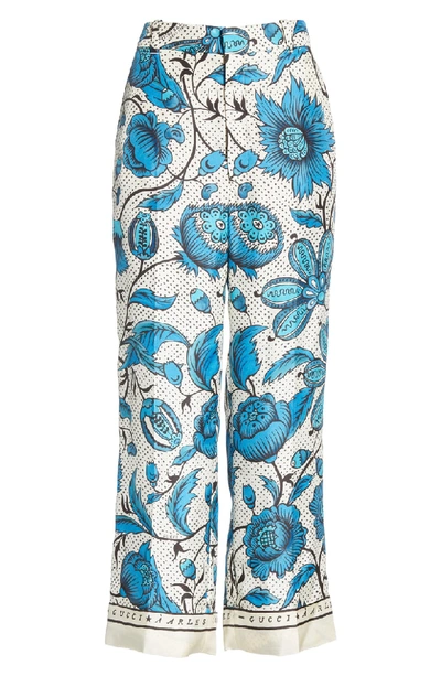 Shop Gucci Watercolor Floral Print Silk Twill Pants In 4558 Blue/ Ivory Printed