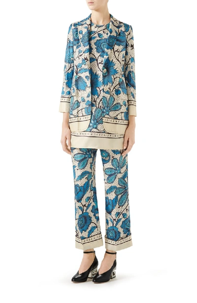 Shop Gucci Watercolor Floral Print Silk Twill Pants In 4558 Blue/ Ivory Printed