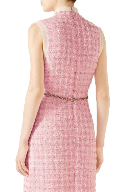 Shop Gucci Chain Embellished Tweed Dress In 5726 Pink/ White