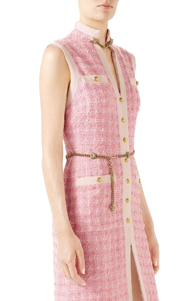 Shop Gucci Chain Embellished Tweed Dress In 5726 Pink/ White