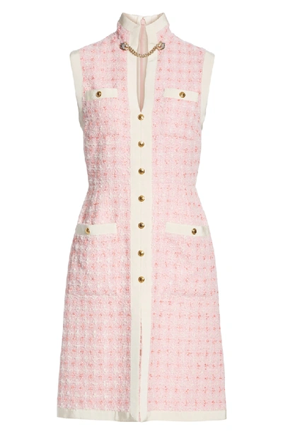 Shop Gucci Chain Embellished Tweed Dress In 5726 Pink/ White